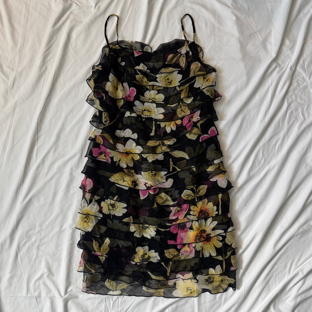 Vintage 90s 100% Silk Floral Black Mini Dress M Ruffle Details Whimsygoth Fairy